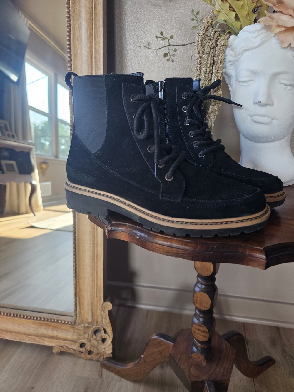 Crown Vintage Black Suede Lace-Up Ankle Booties with Tan Welt